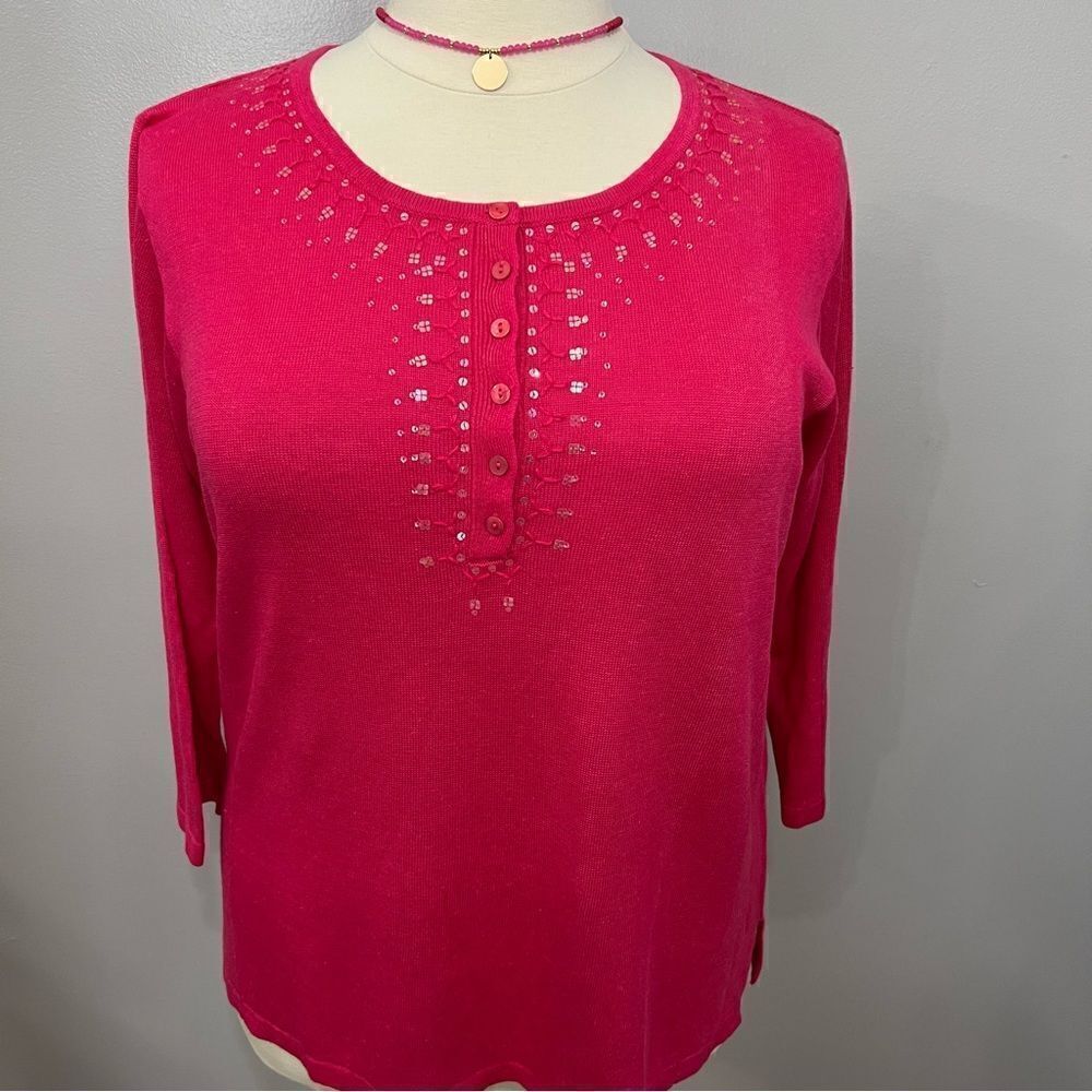 NWT Chico's Estella Henley Linen Embellished Pullover Hot Pink Sweater- … - Picture 4 of 12